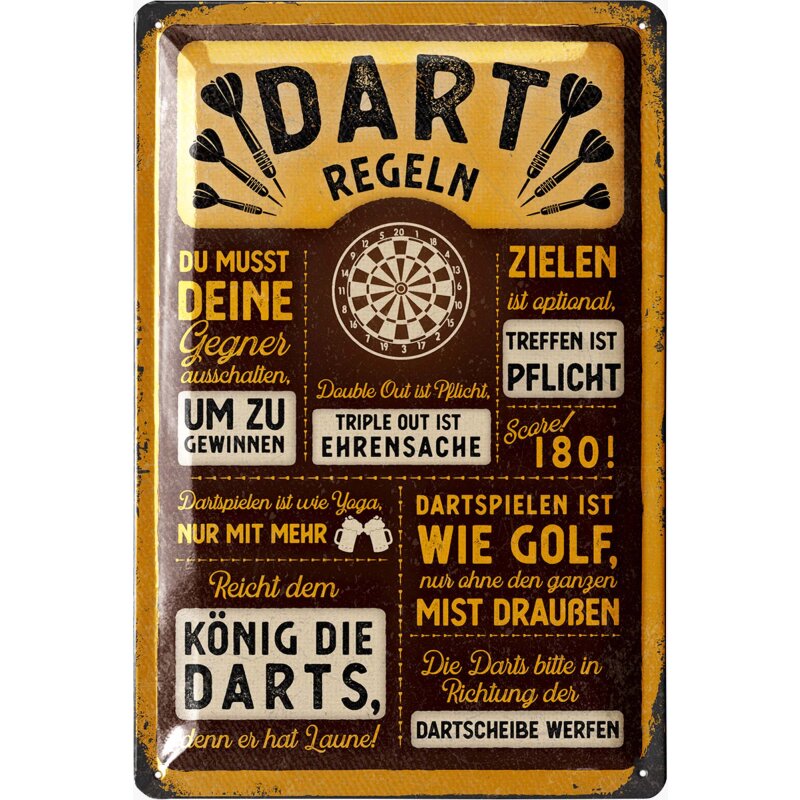 Blechschild „Dart-Regeln“ – Retro Metallschild für Partyraum, Bar & Dartscheibe 20 x 30 cm