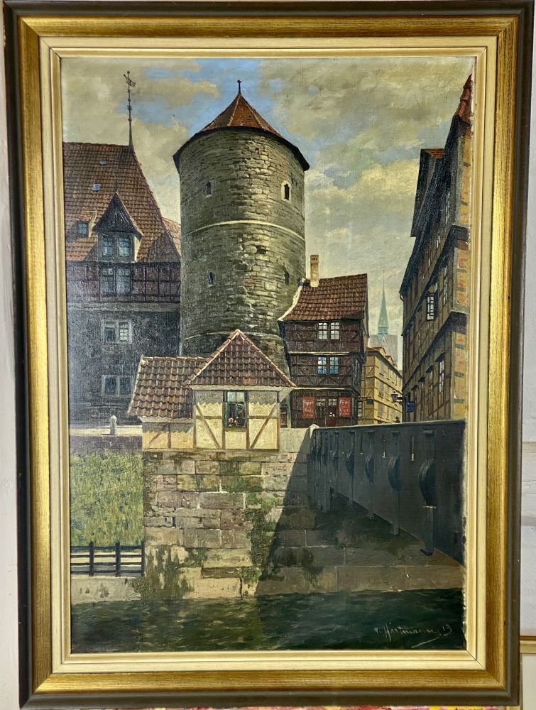 antikes Öl-Gemälde Mäuseturm an der Leine / Hannover / Hartmann 1913