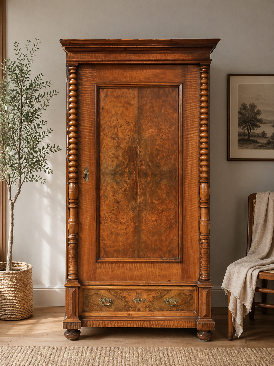 Antiker Garderobenschrank um 1900 Nussbaum – eintürig mit Schublade & gedrehten Säulen
