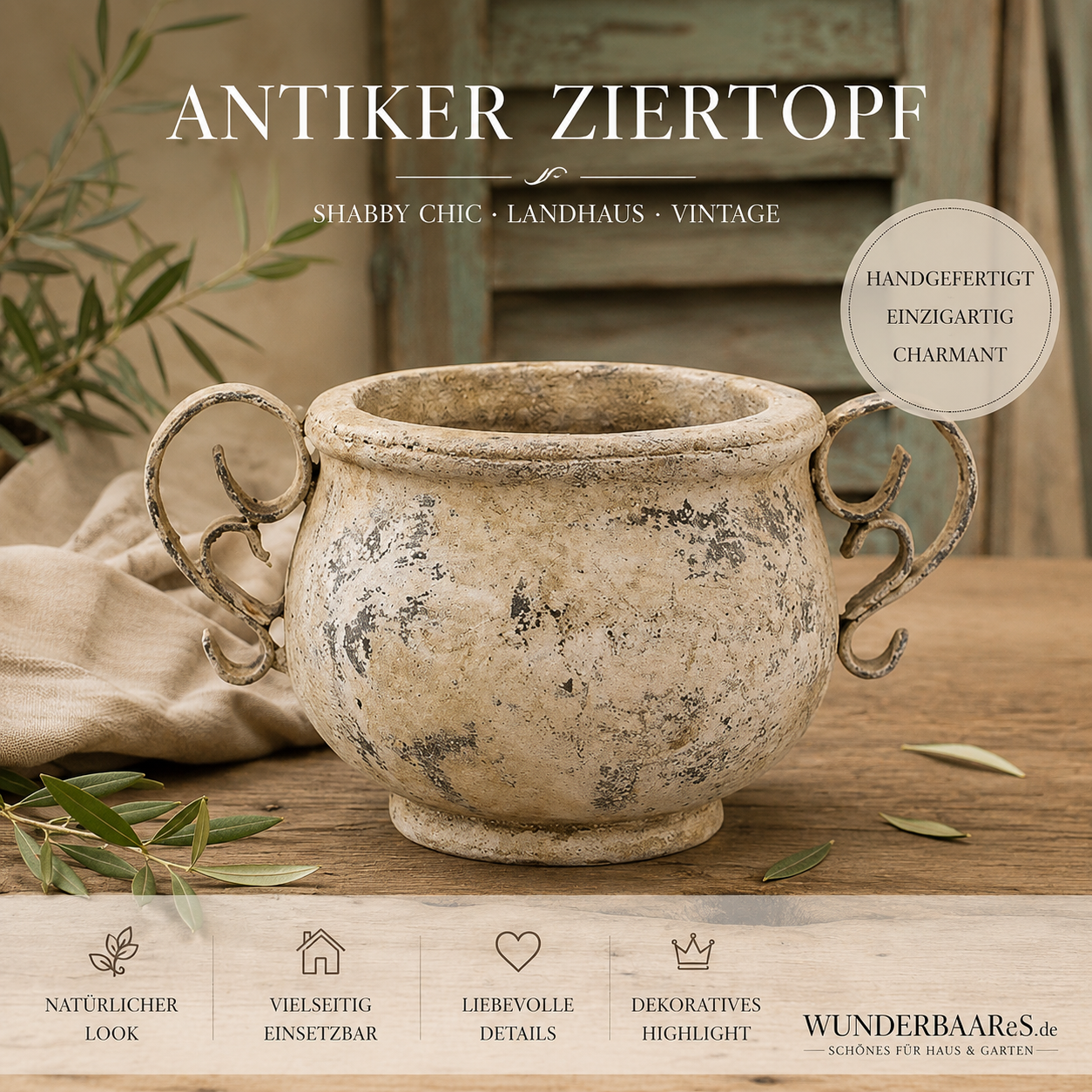 Pflanztopf, Blumentopt, Topft, Garten Terrasse Blumen, Übertopf antik antik Service uwe Baars wunderbbares einrichten wohnen leben shabbychic shabby Pflanzzeit frühlich , mit Griffen aus Metall, creme wihte