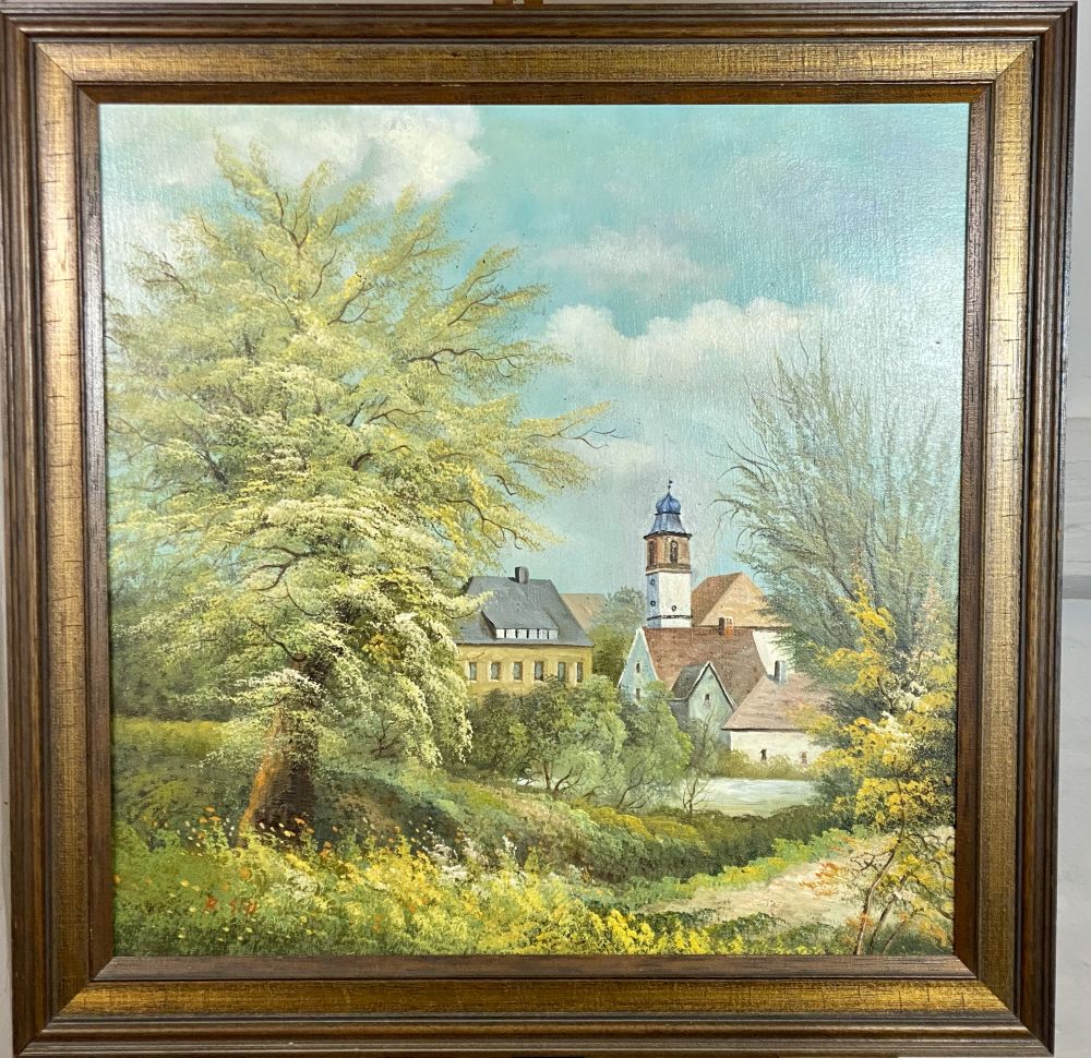 Öl- Gemälde Dorfansicht mit Baum / unbekannter Maler R. Sill ?