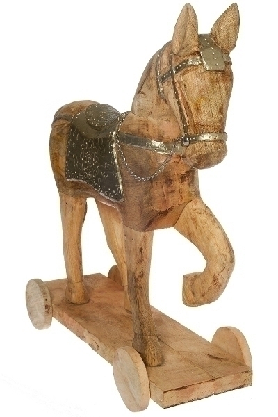 Holzpferd auf Rollen m. Metalldeko H 45 cm