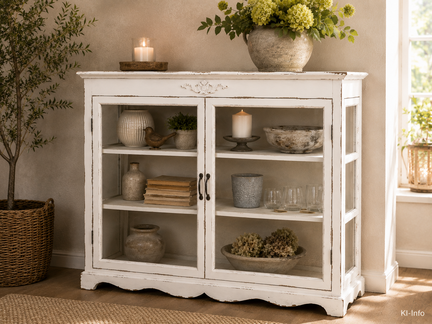 Vitrinenschrank im Antiklook mit Glastüren – Antique Creme