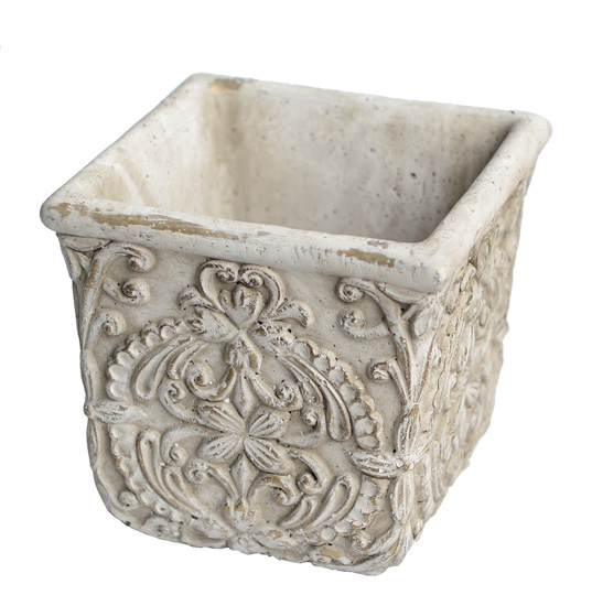 „Antique Blossom – Eckiger Zement-Übertopf 15 cm“