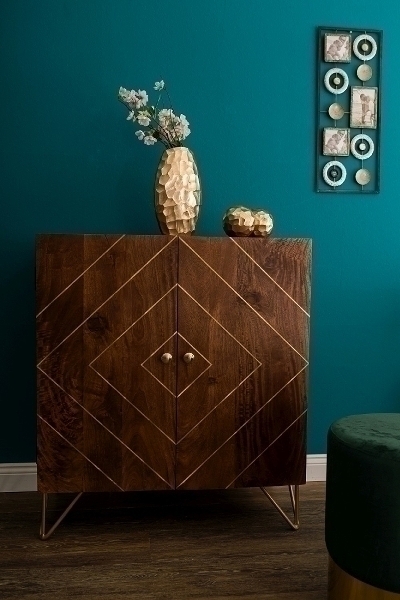 WOODEN 2 DOOR CABINET W/BRASS INLAY & IRON K.D LEGS
