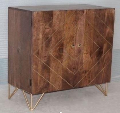 WOODEN 2 DOOR CABINET W/BRASS INLAY & IRON K.D LEGS