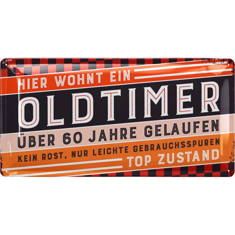 Blechschild „Hier wohnt ein Oldtimer – 60 Jahre gelaufen“ – Retro Metallschild 17 x 34 cm