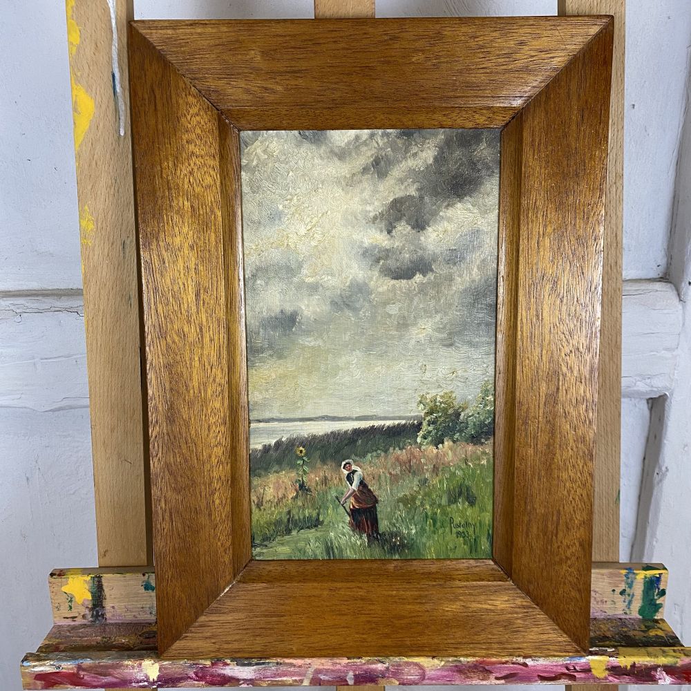 Öl-Gemälde " Frau mit Sonnenblume" von Pustelny 1933