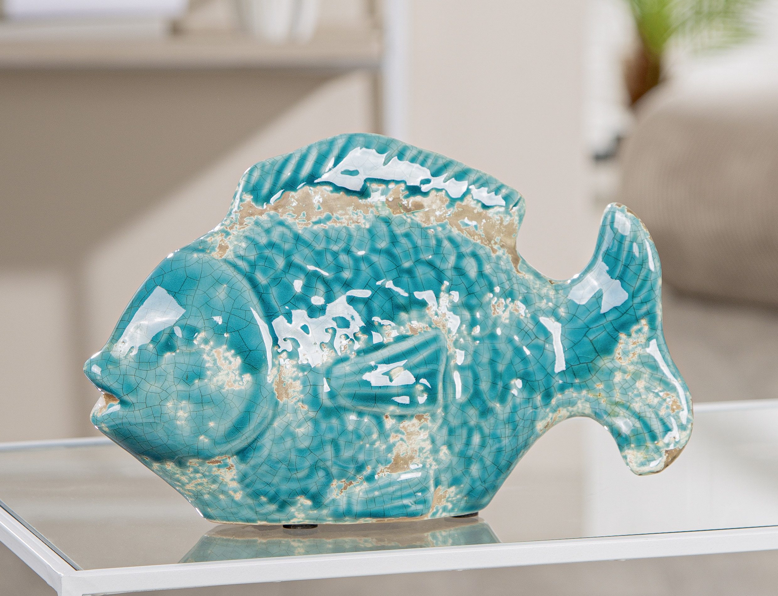 Maritimer Keramik-Fisch – Dekoobjekt in Grün-Türkis mit Vintage-Charme