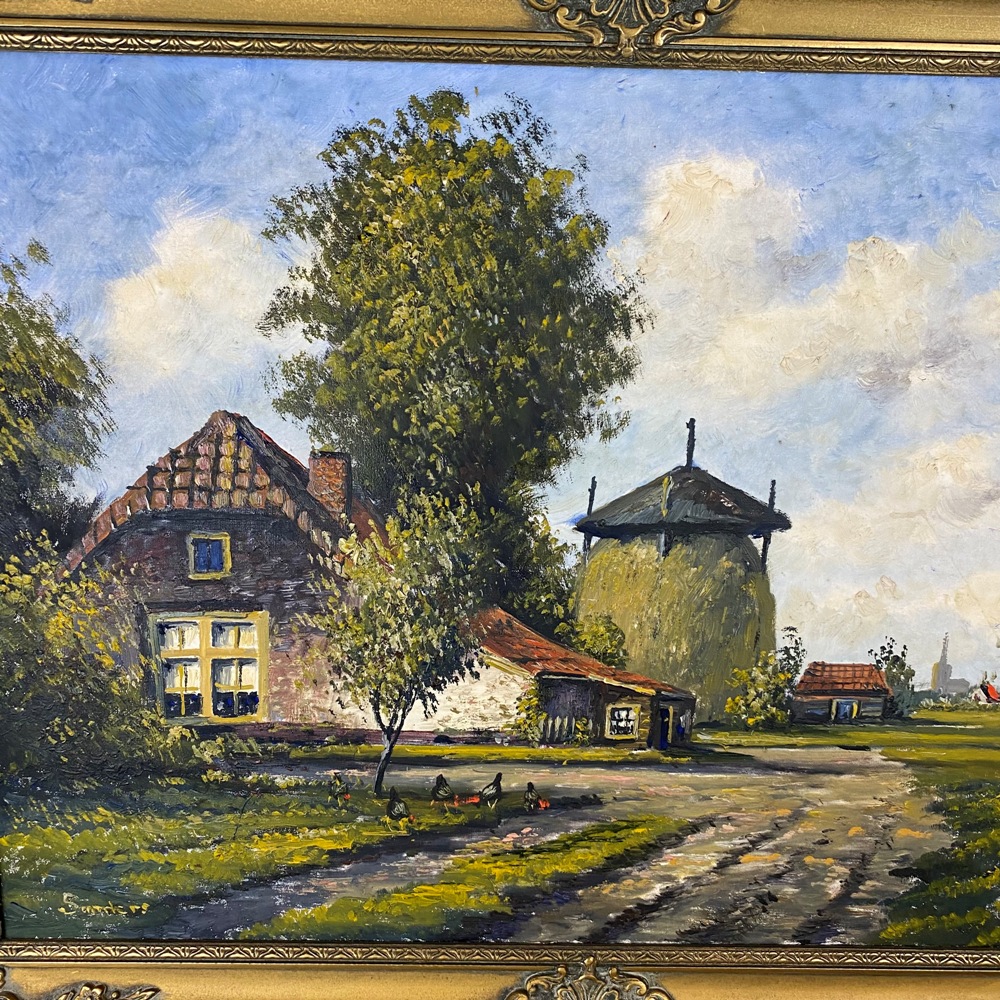 Gemälde Hof mit Hühnern vermutl. H. Sanders niederländischer Landschafts Maler