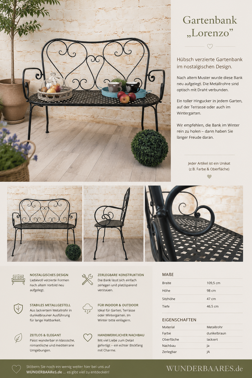 Gartenbank „Lorenzo“ – Romantischer Blickfang für Garten, Terrasse & Wintergarten
