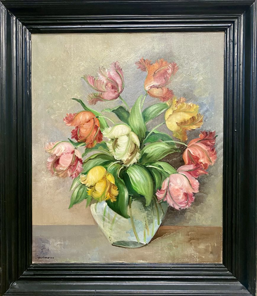 bunte Blumen in einer Glasvase / v. Trautmann
