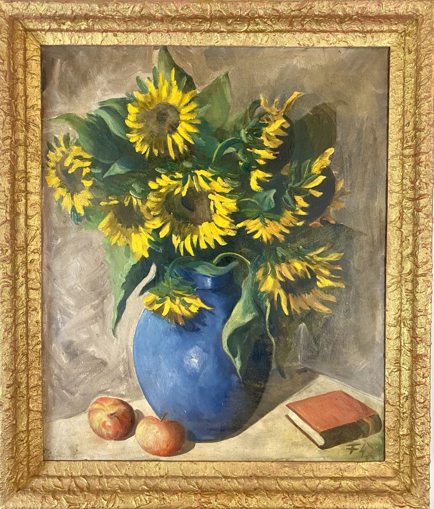 Öl-Gemälde Sonnenblumen in blauer Vase F. 47