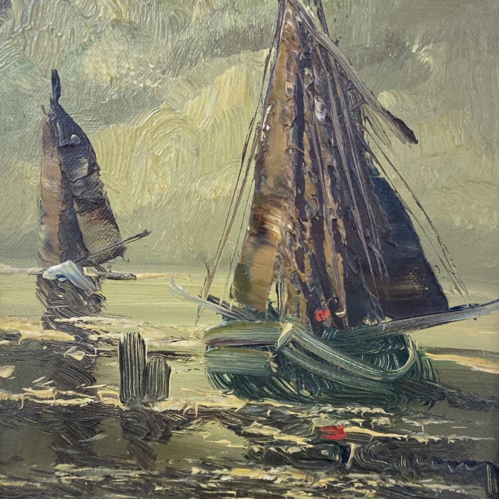 Öl-Bild zwei Segelschiffe von Jean Coune / Prunkrahmen / Tschechien / 50er Jahre