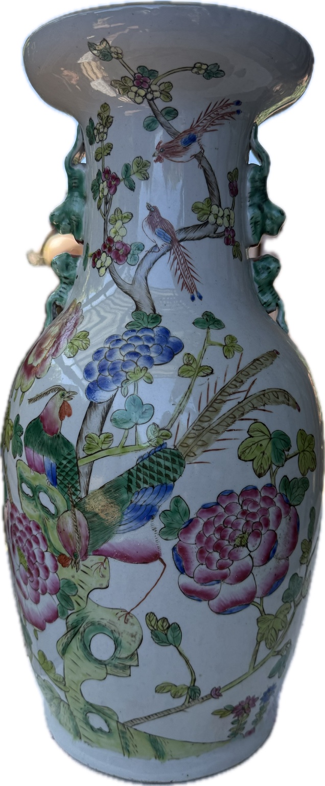 Chinesische Famille Rose Porzellanvase handbemalt – 44,5 cm – Vögel & Pfingstrosen