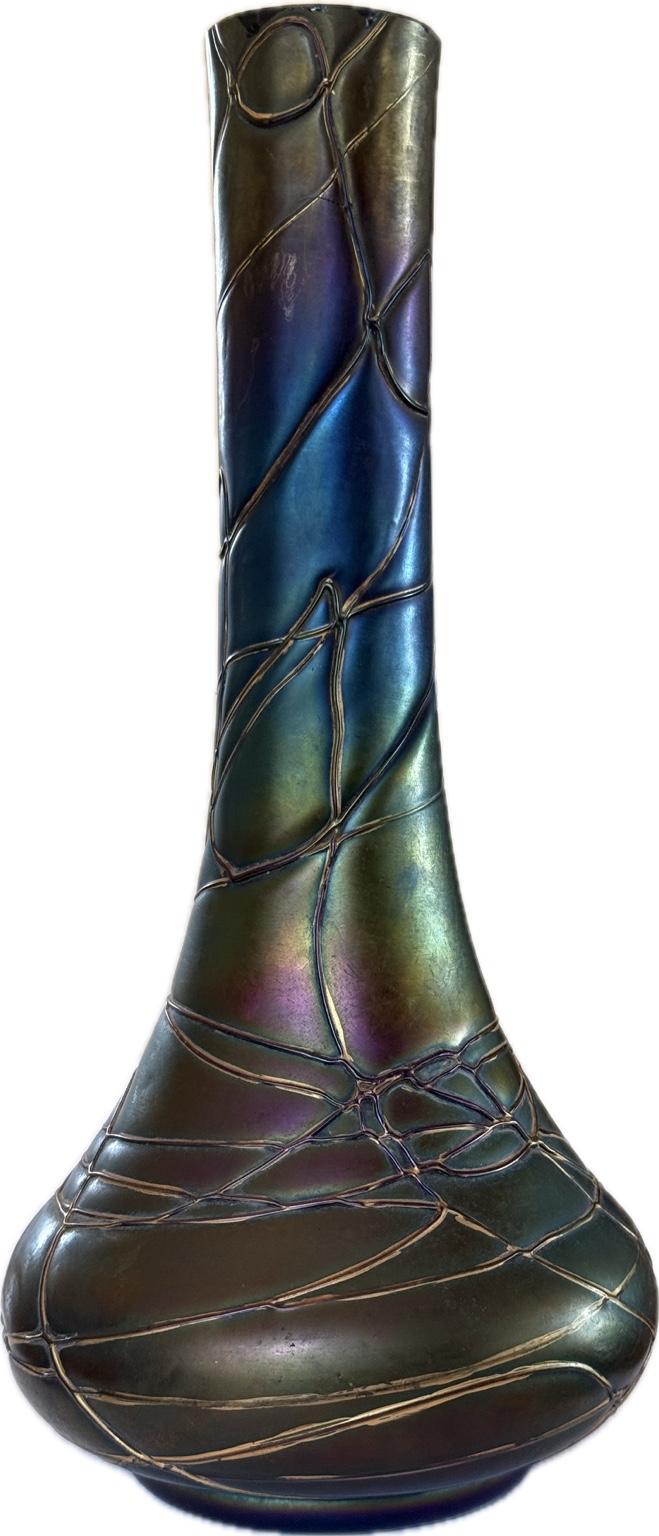 Original Pallme-König & Habel Irisglas Jugendstil Vase um 1900 – Fadendekor