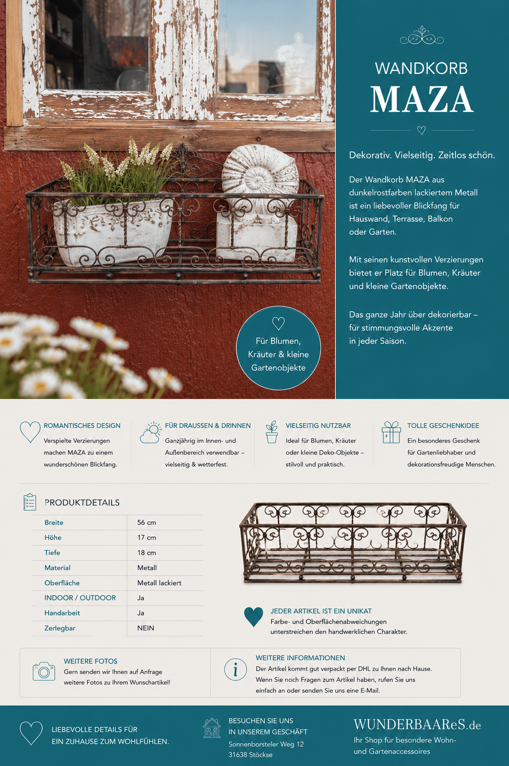 Wandkorb „MAZA“ – dekorativer Metall-Wandkorb für Balkon, Terrasse & Garten