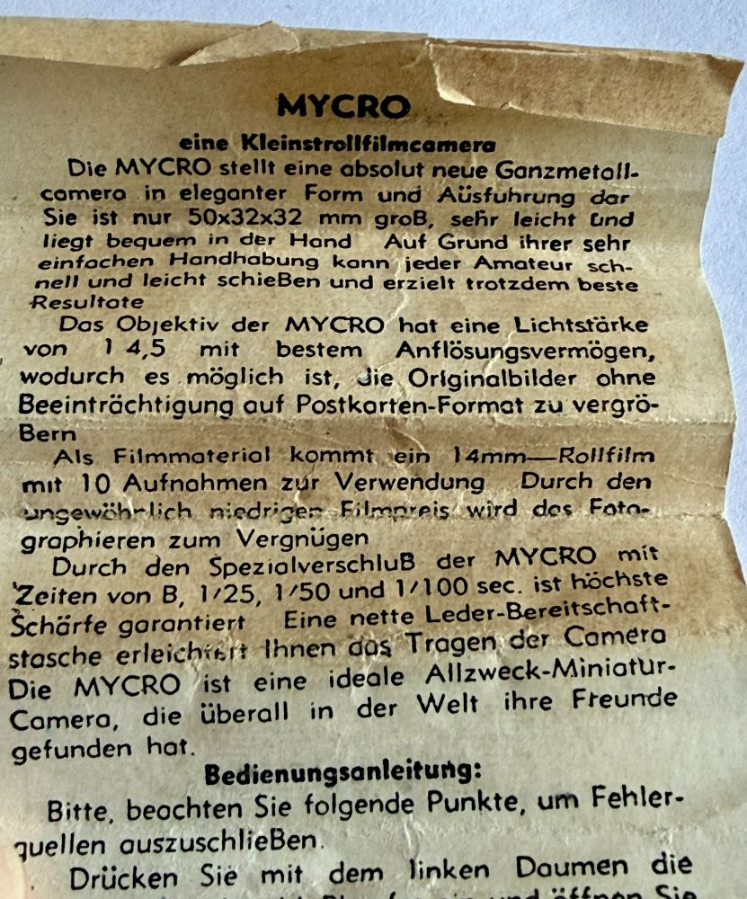 Miniaturkamera „MYCRO 111A“ mit Originalverpackung, Anleitung & Ledertasche