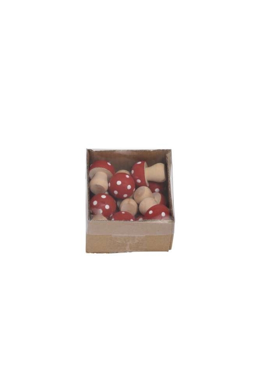 Box mit 12 Pilzen aus Holz in Fliegenpilzoptik