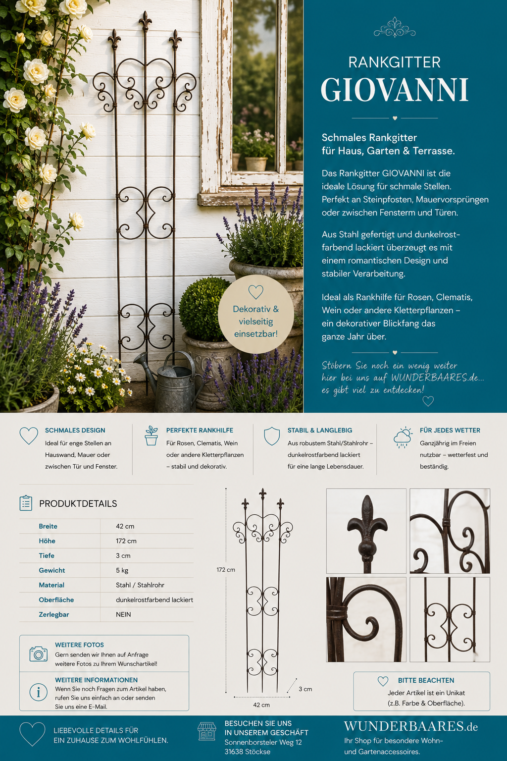Rankgitter „GIOVANNI“ – schmales Rankgitter aus Metall für Haus, Garten & Terrasse