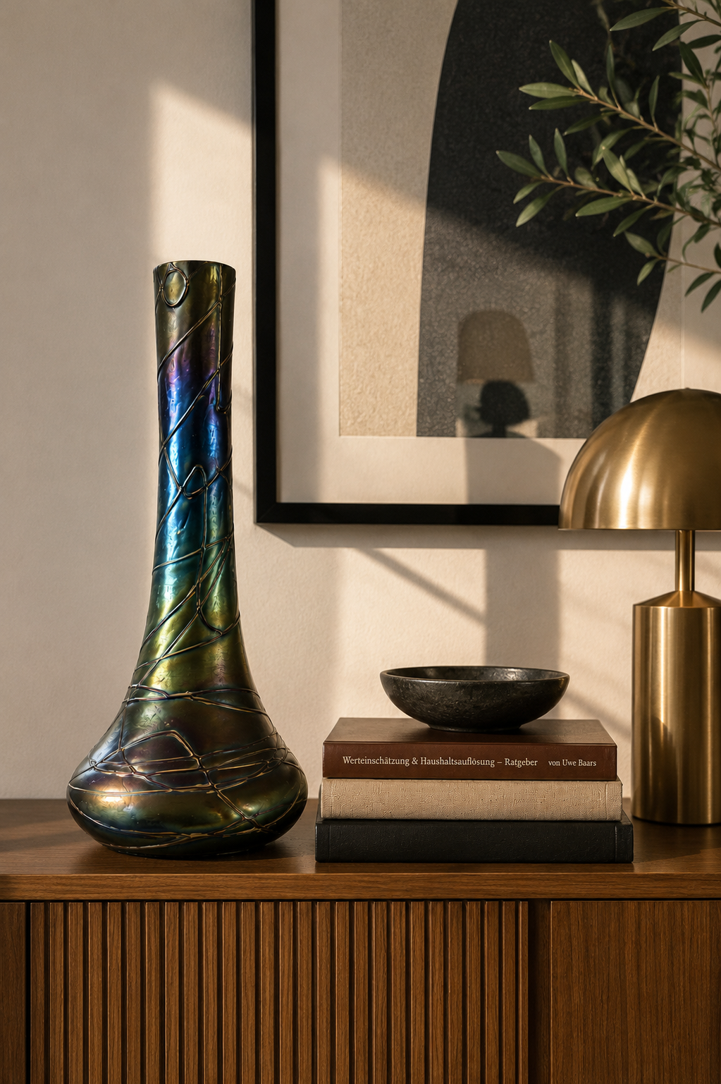 Original Pallme-König & Habel Irisglas Jugendstil Vase um 1900 – Fadendekor