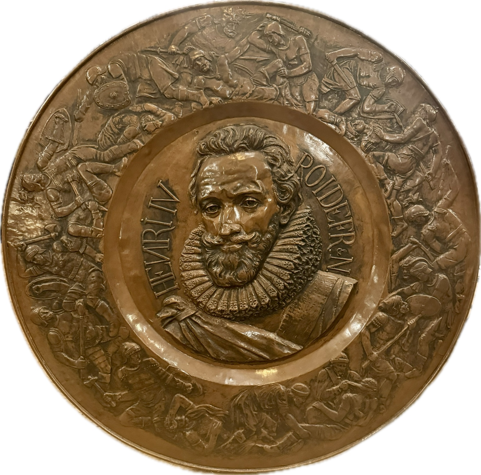 Große Historismus-Wandplatte mit Henri IV – kupferfarbenes Relief, Ø 98 cm