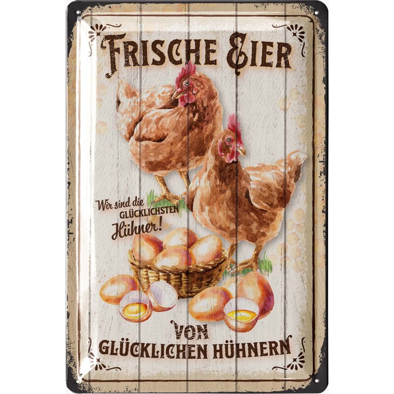Blechschild „Frische Eier – von glücklichen Hühnern“ – Vintage Metallschild Landhausstil 20 x 30 cm