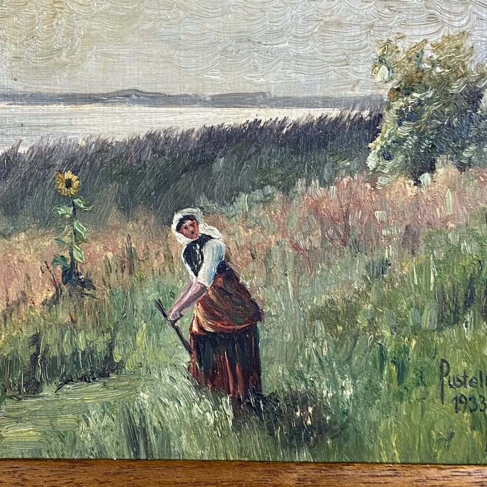 Öl-Gemälde " Frau mit Sonnenblume" von Pustelny 1933