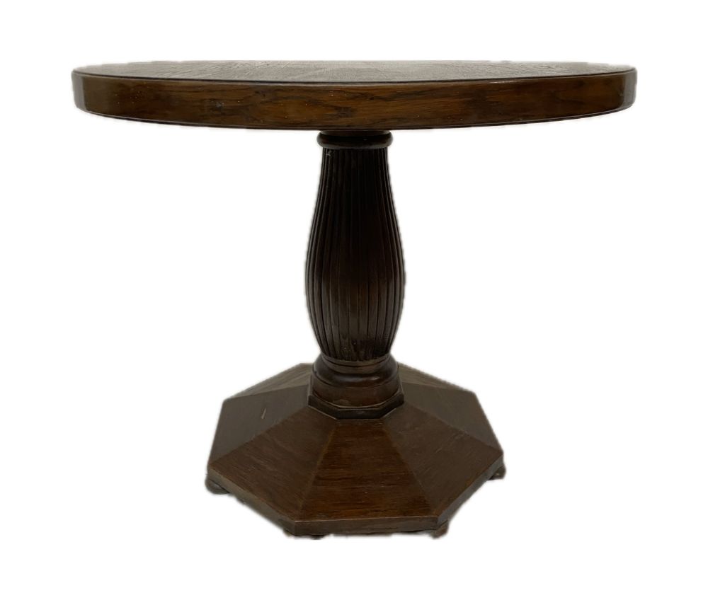 antiker runder Tisch auf einer Säule / Eichenholz / um 1920