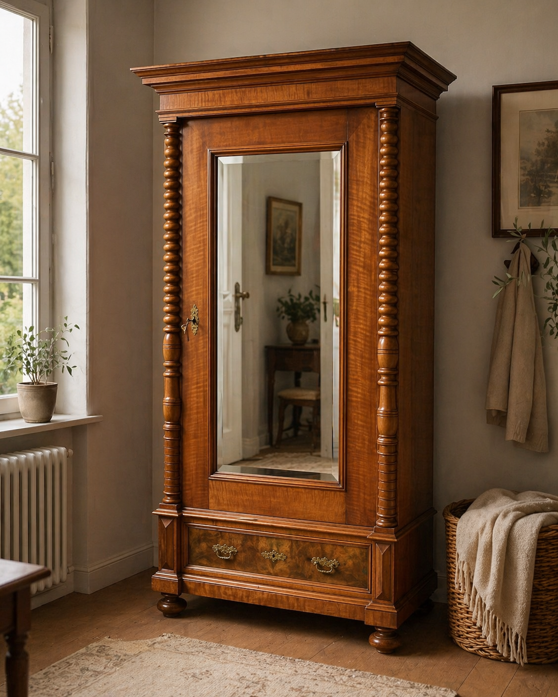 Antiker Garderobenschrank mit Spiegel um 1900 Nussbaum – Facettenschliff & Schublade