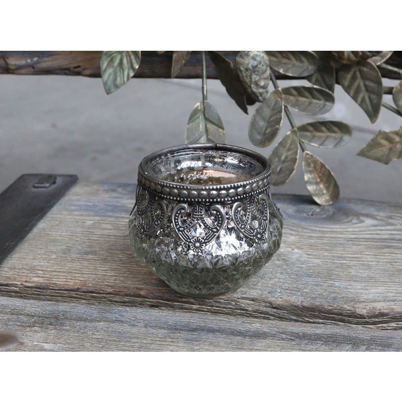 Teelichthalter Glas / Metall  antique silber