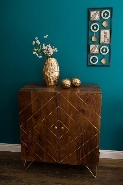 WOODEN 2 DOOR CABINET W/BRASS INLAY & IRON K.D LEGS