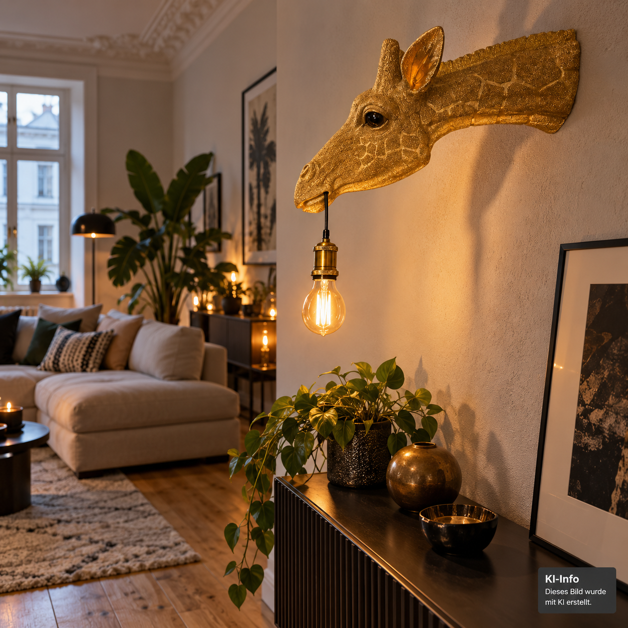 Wandleuchte „Golden Giraffe“ – Design Giraffenkopf mit Messingfassung