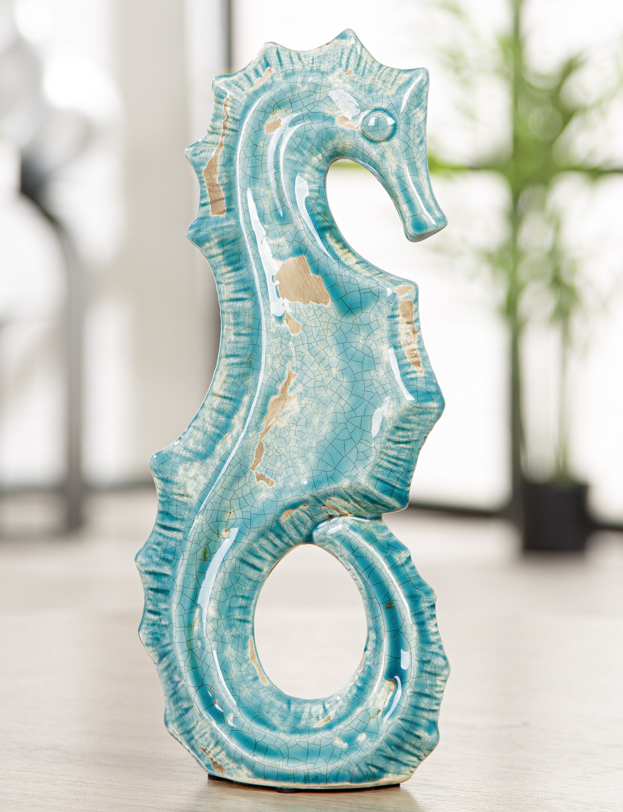 Maritimes Seepferdchen aus Keramik – Türkis im Vintage-Look