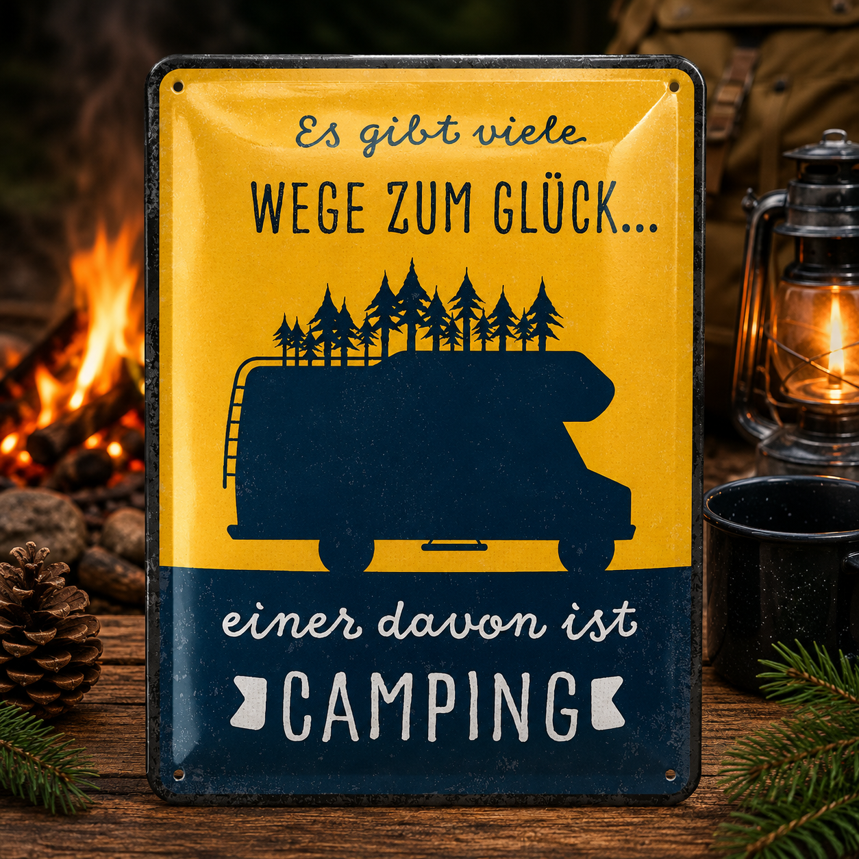 Retro-Blechschild „Wege zum Glück – Camping“ Vintage Deko Schild 15x20 cm