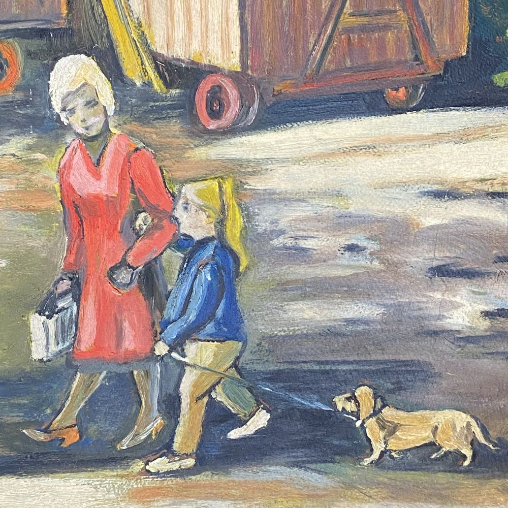 Öl-Bild von Spiepker / Eiswagen / Arbeiter / Auto / Frau mit Kind und Hund