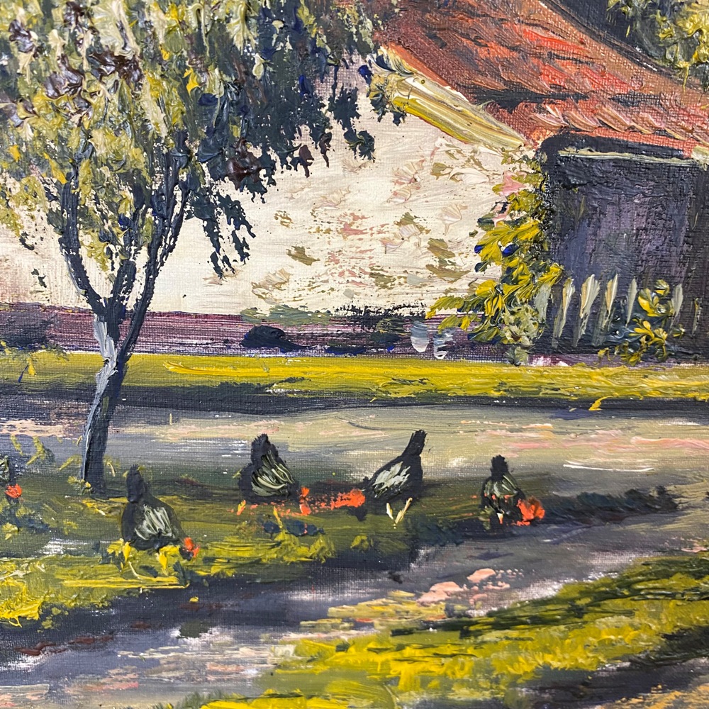 Gemälde Hof mit Hühnern vermutl. H. Sanders niederländischer Landschafts Maler