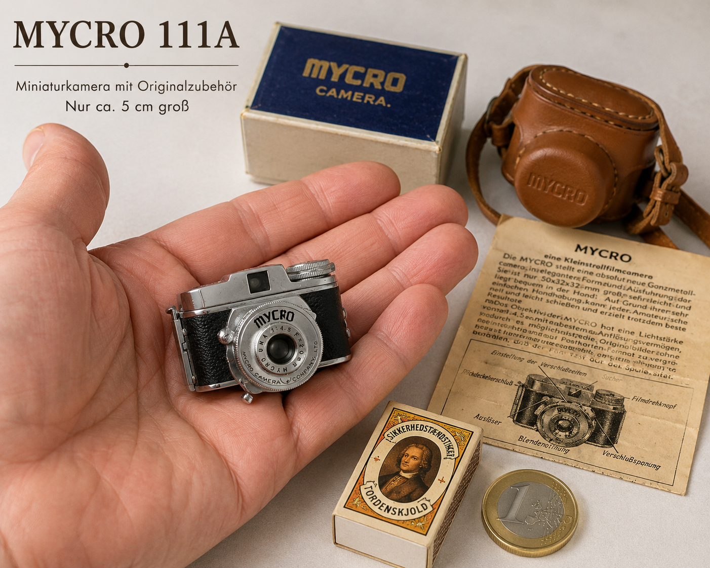 Miniaturkamera „MYCRO 111A“ mit Originalverpackung, Anleitung & Ledertasche