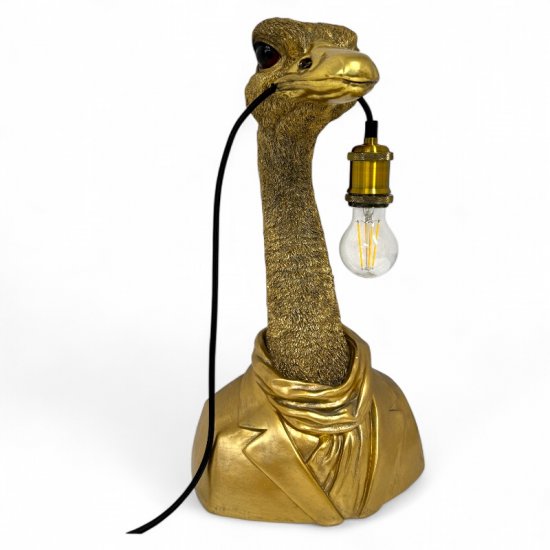 Tischleuchte „Sir Struzzo“ – Goldene Straußbüste mit Messingfassung