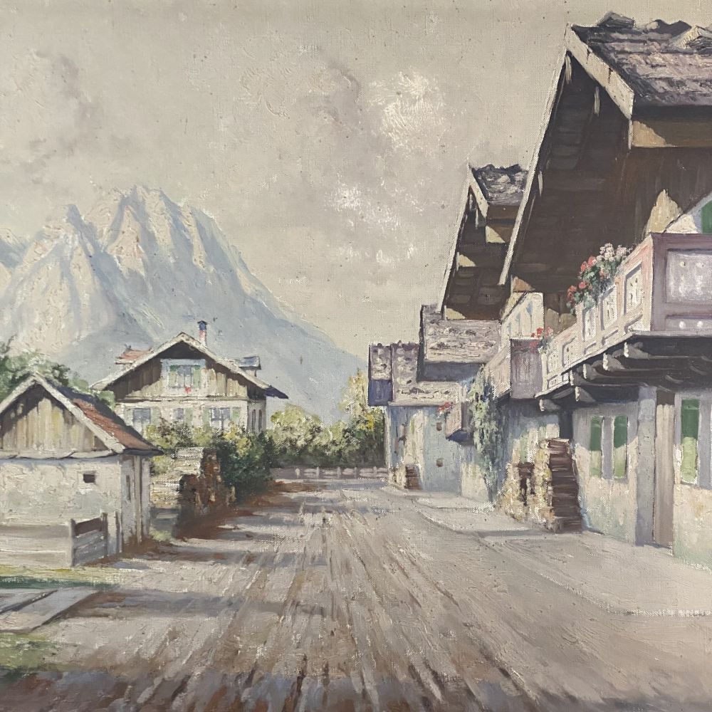antikes Öl-Gemälde Alpendorf / unleserlich Signiert