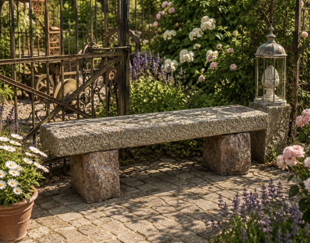 Historische Steinbank aus Naturstein – massive Gartenbank 180 cm