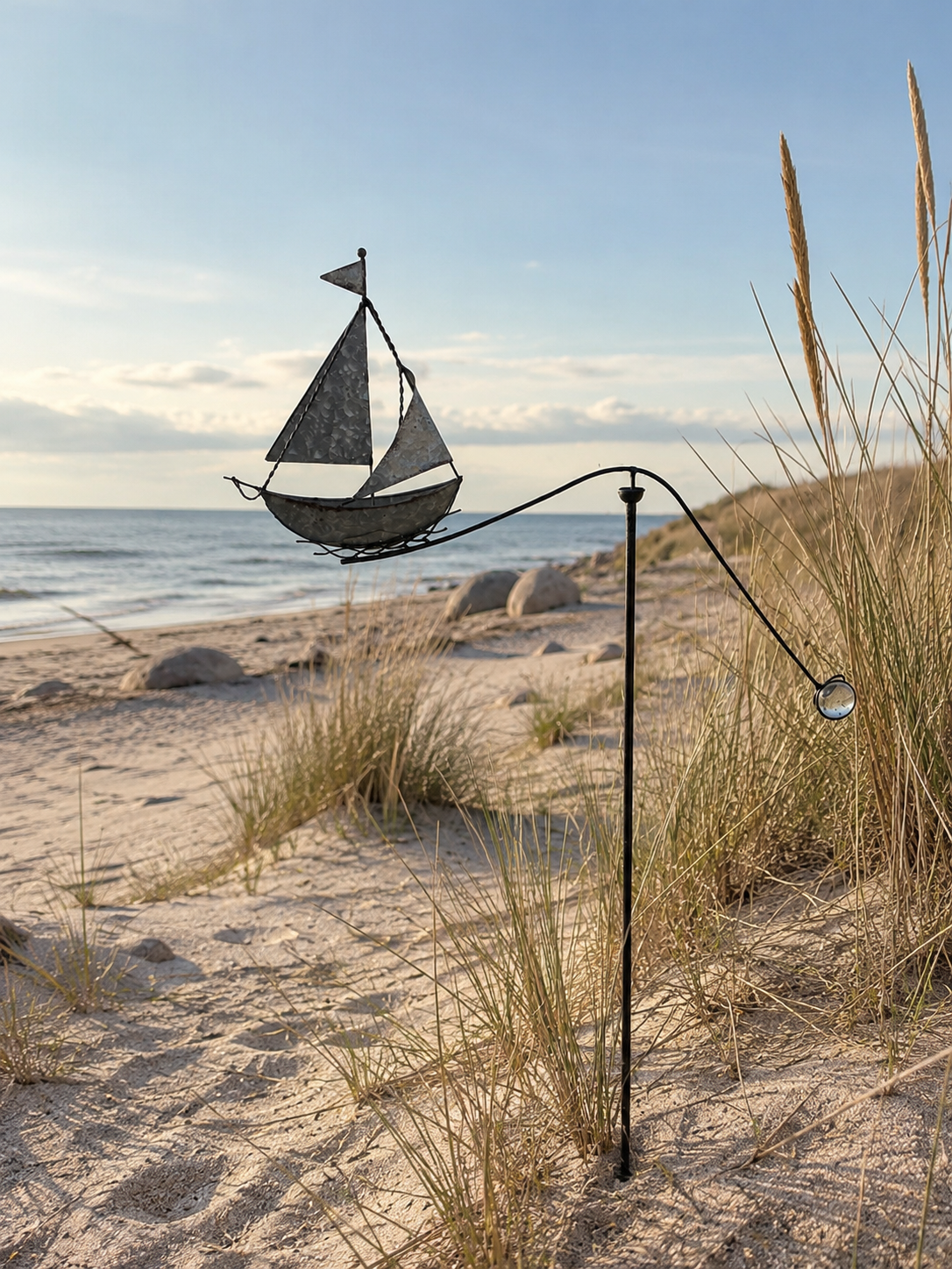 Gartenstecker Segelboot mit Windspiel – verzinktes Metall – maritime Gartendekoration – 77 cm – wetterfest