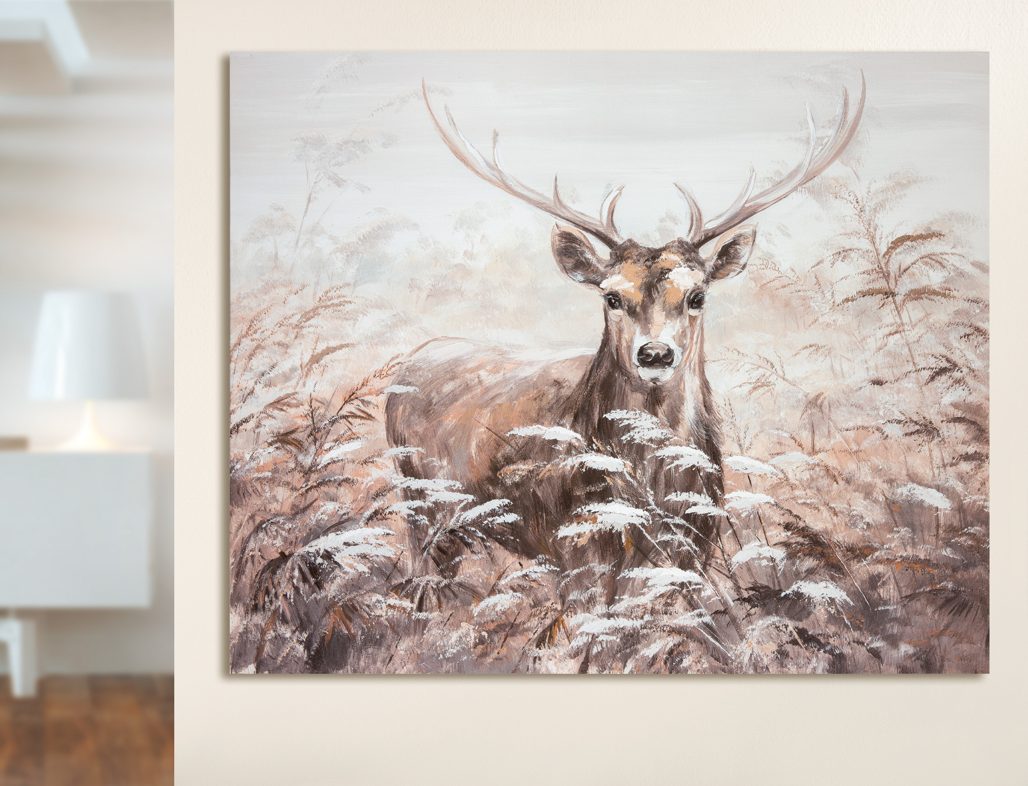 Gemaltes Hirsch-Bild – Herbst-/Wintermotiv auf Kiefernholzrahmen