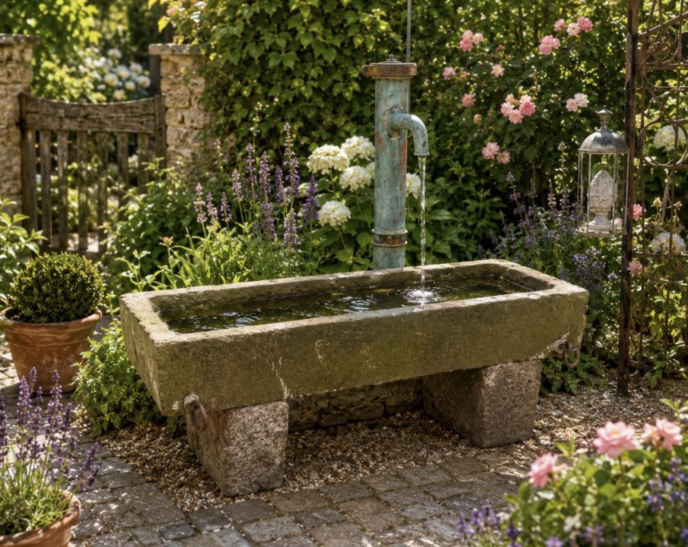 Historischer Sandsteintrog mit Kupfer-Pumpe & Natursteinsockeln – antikes Gartenensemble um 1880