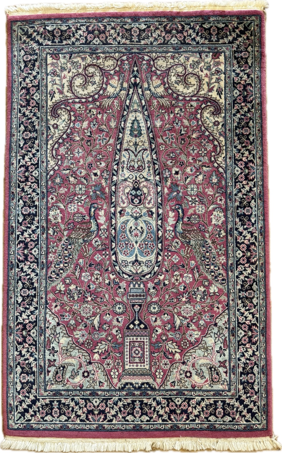 Handgeknüpfter Orientteppich Lahore Kashmir – Lebensbaum mit Pfauen – Reine Schurwolle – 129 × 79 cm