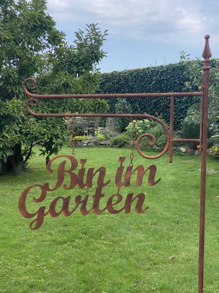 Gartenstecker BIN IM GARTEN / rostfarbend / Hängeschild / 