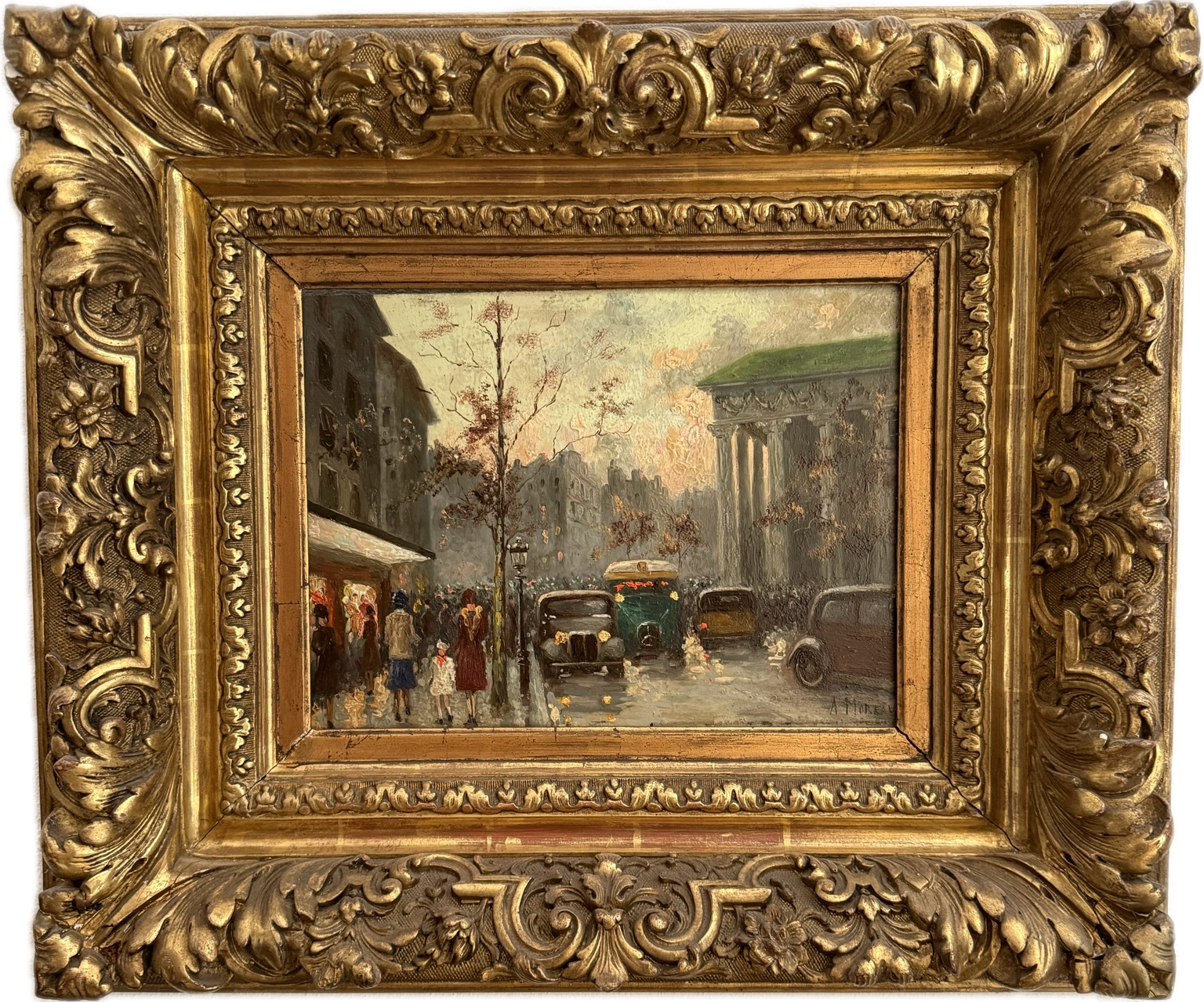 Vintage Ölgemälde „Pariser Straßenszene“ – Öl auf Hartfaserplatte mit Prunkrahmen