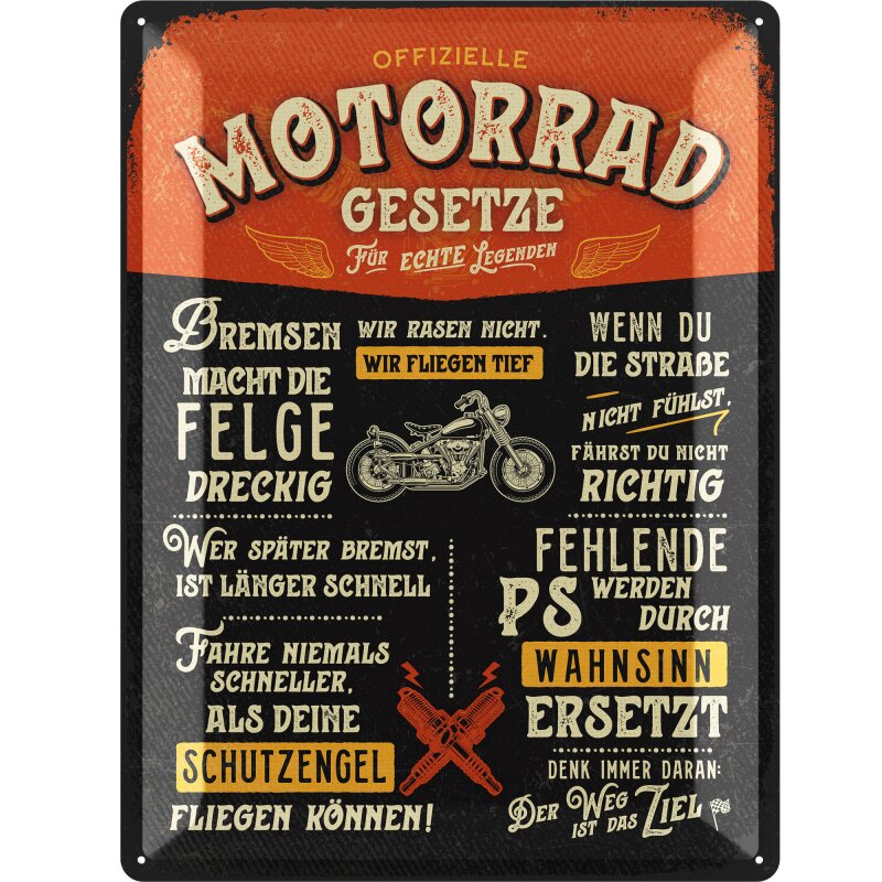 Blechschild „Motorrad Gesetze“ – großes Retro Metallschild für Biker, Garage & Werkstatt 30 x 40 cm