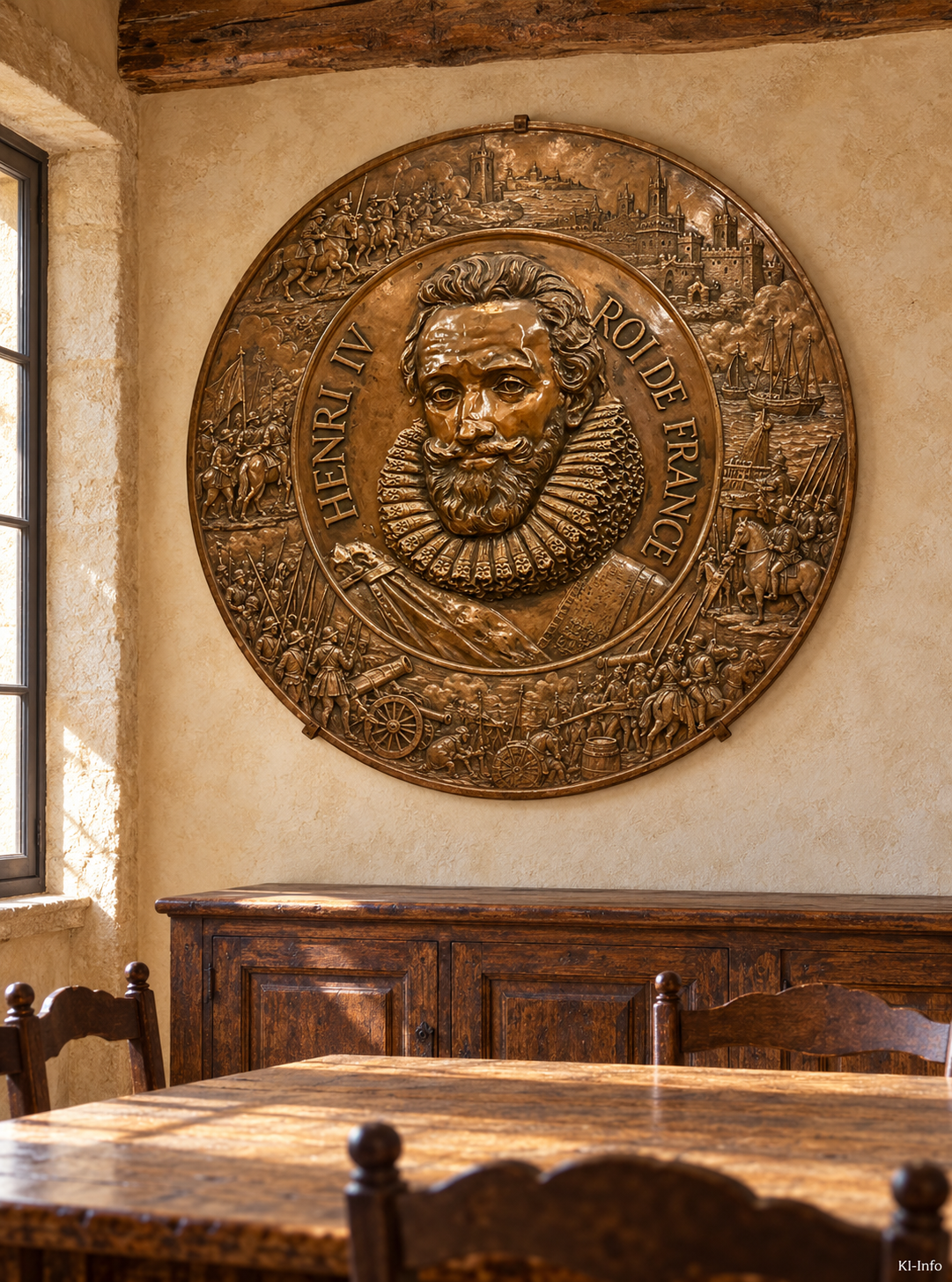 Große Historismus-Wandplatte mit Henri IV – kupferfarbenes Relief, Ø 98 cm