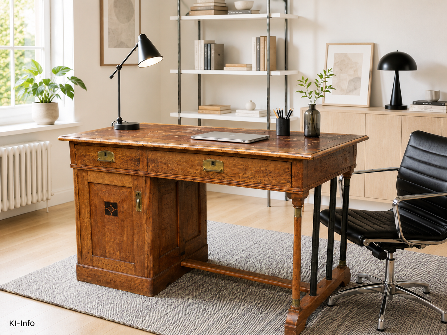Antiker Schreibtisch um 1920 – Eiche / Eichenfurnier, Messing & Intarsie – DIY